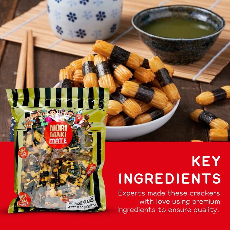 Shirakiku Norimaki Arare Mate - Crispy Japanese Rice Cracker | Glutinous Rice, Soy Sauce and Seaweed | Low Carb Rice Cracker Snacks, Seaweed Flavor 16 Oz - (Pack of 1) - Image 3